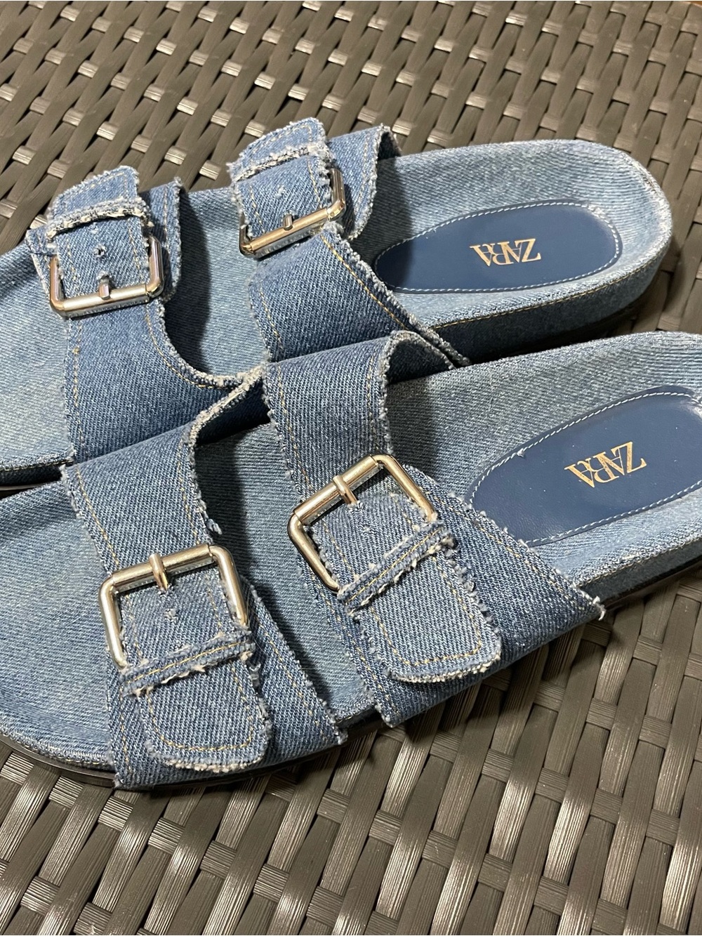 Zara Light Blue Denim Double-Buckle Slide Sandals